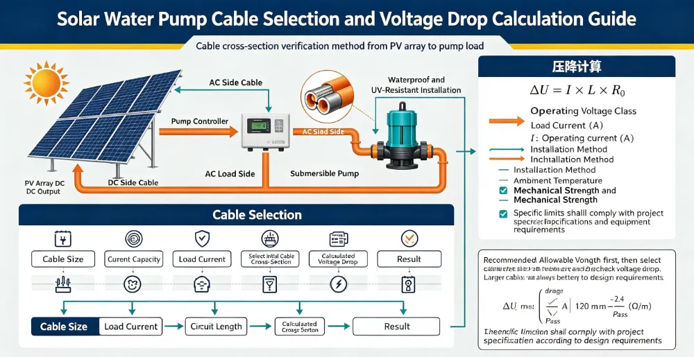 Dimensionamiento del cable de la bomba solar y caída de voltaje: la guía completa 2026